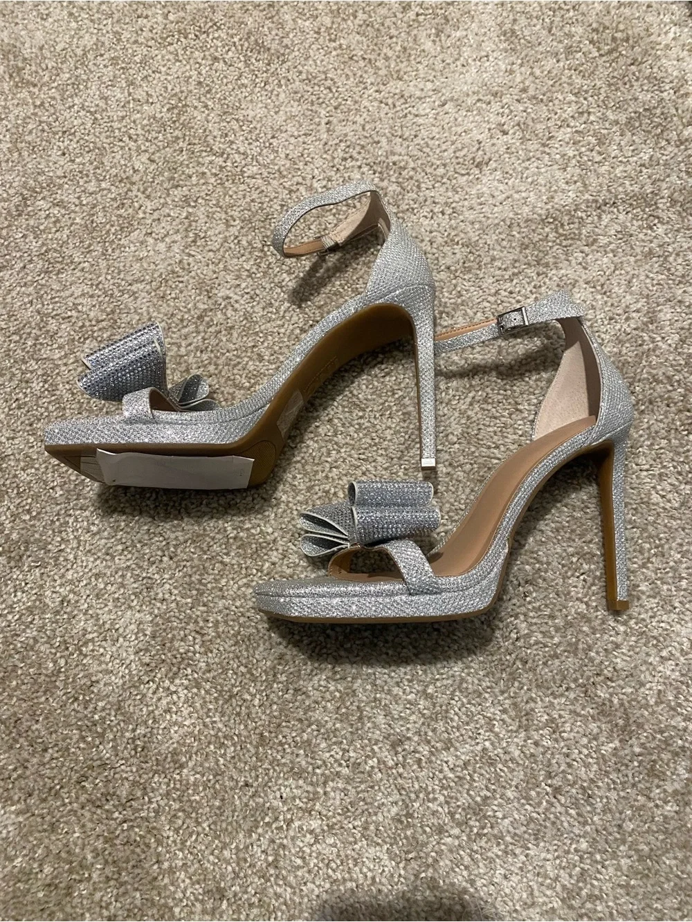 INC International Concepts Silver Glitter Bow Block Heel Sandals